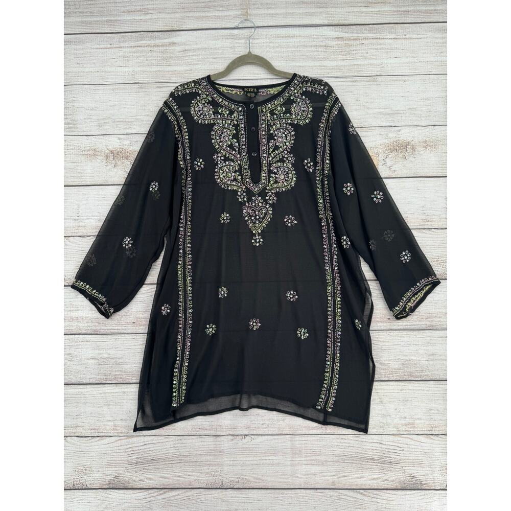 Betty‎ B. Embroidered BOHO Semi Sheer Cover Up Womens One Size Black Jeweled